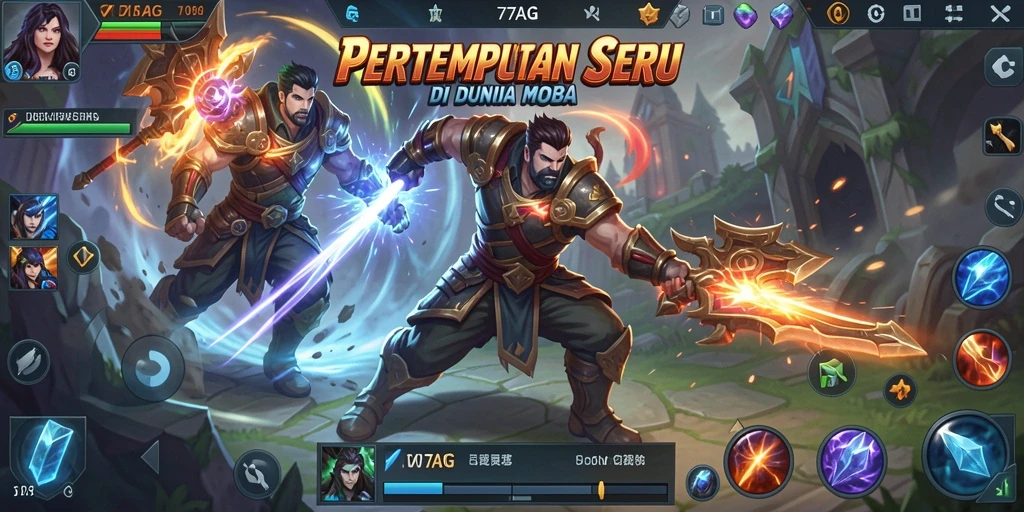 Screenshot 77AG menampilkan pertempuran intens di arena MOBA.