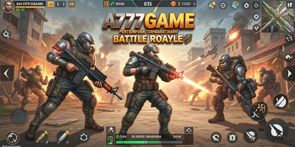 Screenshot A777GAME menunjukkan aksi pertempuran intens dalam mode Battle Royale.