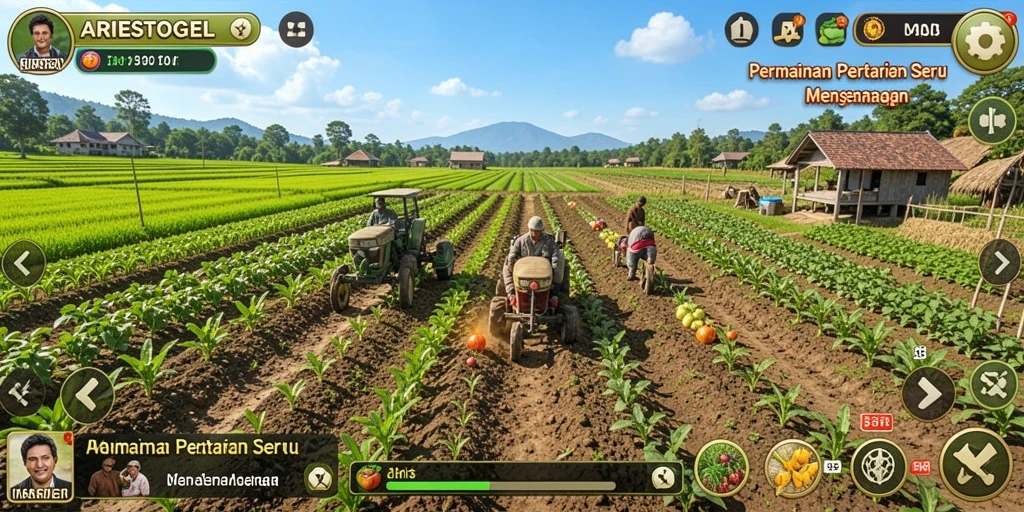 Tampilan gameplay ARIESTOGEL dengan suasana pertanian yang indah.