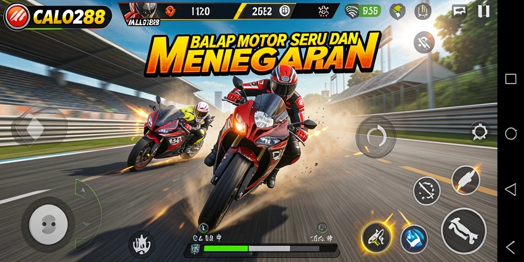Screenshot gameplay <strong>CALO288</strong> menampilkan balapan motor yang mendebarkan.