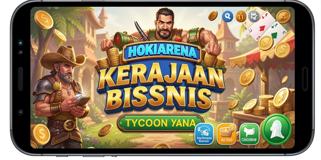 Gameplay HOKIARENA yang menampilkan pengelolaan kerajaan bisnis.