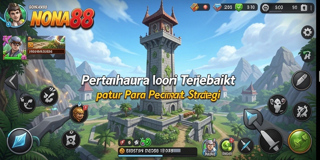 Tangkapan layar gameplay NONA88 dengan pertarungan strategis menara.