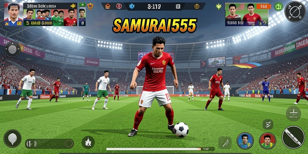 Screenshot gameplay SAMURAI555 yang menunjukkan aksi sepak bola yang seru.