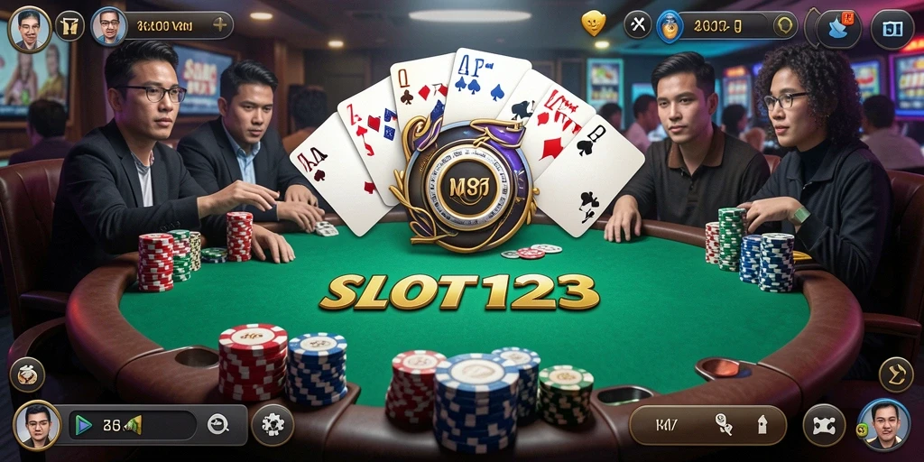 Screenshot SLOT123 menampilkan gameplay poker yang penuh aksi.